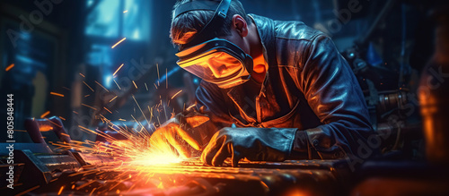 Man is working at metal factory, welding