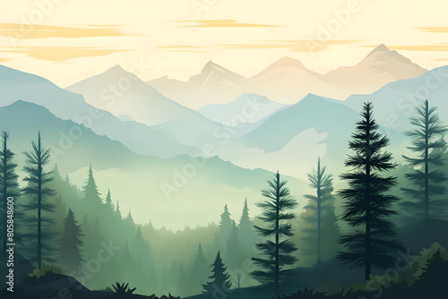 morning mist in the pine forest, dreamy atmosphere with mountain backdrop