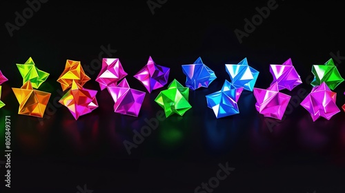 A series of small colorful tetragons neon colored geometric shapes on black background abstract background 