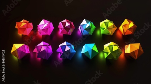 A series of small colorful tetragons neon colored geometric shapes on black background abstract background 