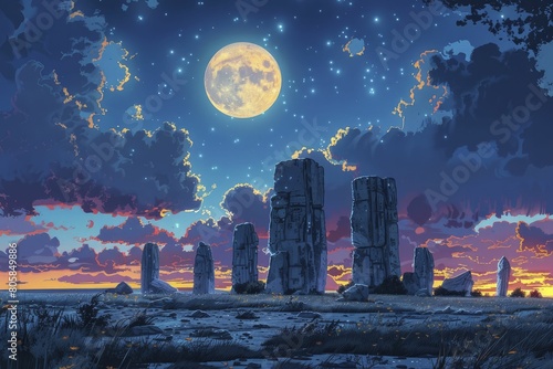 A mystical stone circle illuminated by the Midsummer moon, ancient rites whispering.