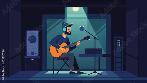 Inside a dimly lit sound booth a musician strums a guitar while recording the perfect riff for their upcoming vinyl album. Vector illustration