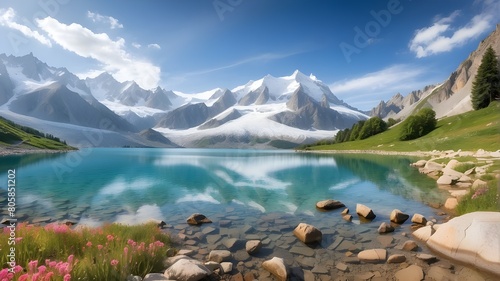 Beautiful summertime view of Lac Blanc Lake with Mount Blanc in the distance
