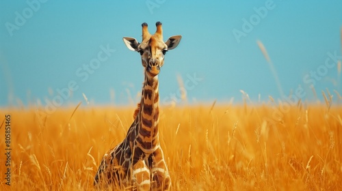 Baby giraffe in the African savannah with clear blue sky, perfect for wildlife photography, safari advertisements, and nature conservation promotions.