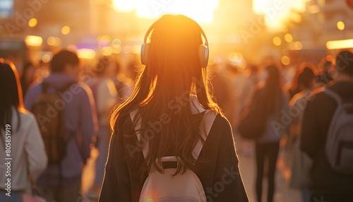 A girl wearing headphone walks alone around crowded people in the city, sunset vibe, introvert and lonely.