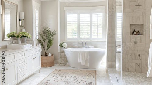 Luxurious modern bathroom interior White marble floors, large windows with sheer curtains, elegant freestanding bathtub. Potted plant, bamboo accents. Clean lines, luxury design