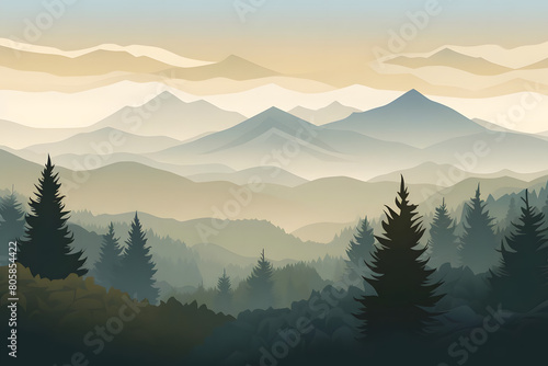 misty morning pine grove, evergreens amidst hazy mountain backdrop