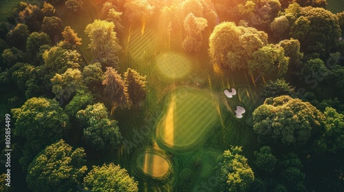 Aerial view of golf course at sunset