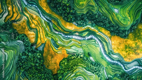 Top view or aerial view of Vietnamese rice terraces bright green and yellow