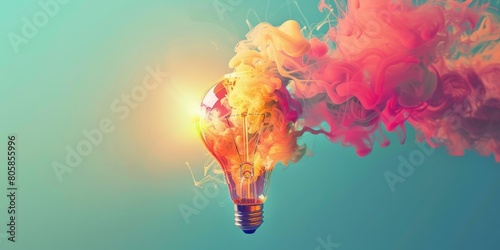 A light bulb is floating in the air with a colorful smoke trail behind it