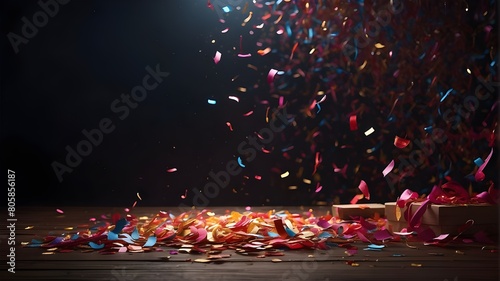 a dark limbo background with a few colorful confetti falling from above, on the left of the image theres a light from a reddish spotlight hitting