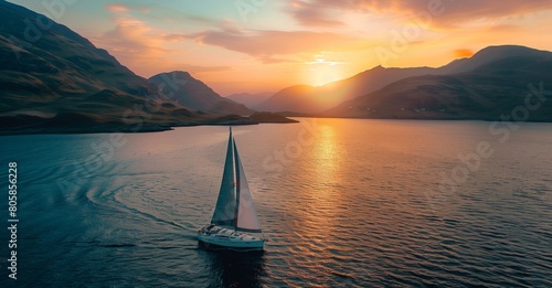 Sailing at Sunset in a Tranquil Mountainous Fjord