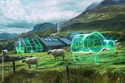Modern Scottish crofts featuring sustainable energy and virtual sheep.