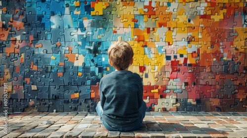 Back view of a young child sitting in front of a colorful puzzle wall, symbolizing autism awareness