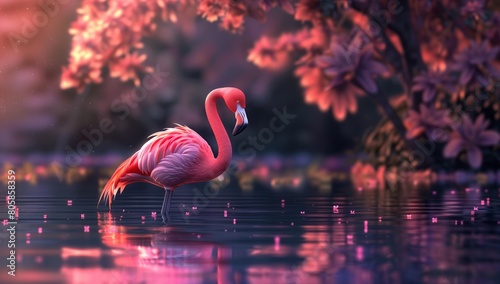 Pink Flamingo in a Mystical Floral Lake at Twilight