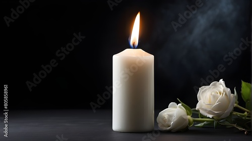 A solitary white candle blazing against a dark backdrop. Funeral, lamentation, and memorial service idea