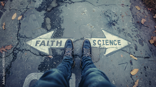 Person at a crossroads with arrows labeled "Faith" and "Science" on the ground, showing a difficult decision