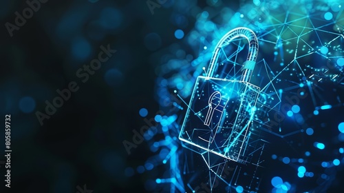 A digital padlock opens on a blue polygonal background
