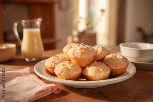 A plate of muffins sits on a wooden table next to a pitcher of milk. High quality photo