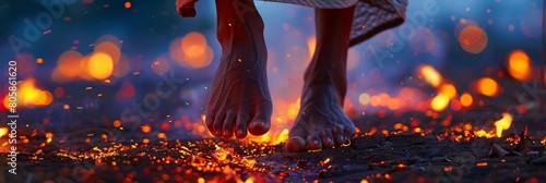 barefoot villager crosses glowing embers in ancient fire-walking ritual, night illumination, empty space for text 