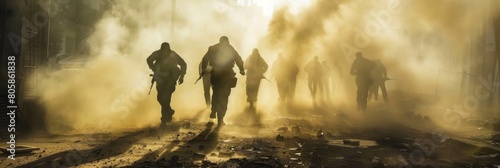 blurred figures running in a smoky street, war scene 