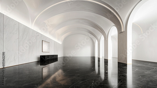 Sleek black marble floor in a modern gallery with a minimalist white vaulted ceiling.