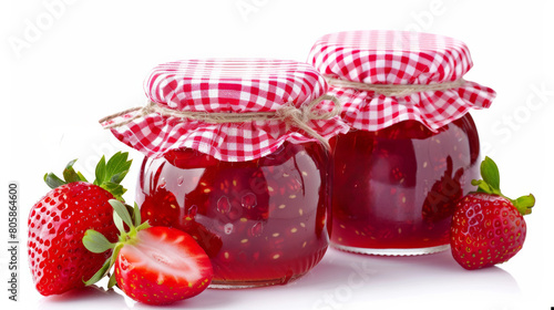 stack of homemade strawberry jam jars, gingham lids, isolated on a white background 