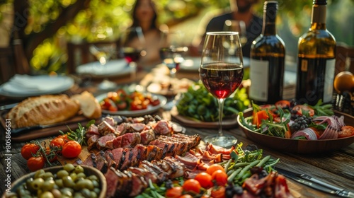 Joyful People Enjoying Outdoor Picnic with Delicious Barbecue, Salad, and Wine - Summer Vacation Concept，Backyard dinner table have a tasty grilled BBQ meat, Salads and wine with happy joyful people 