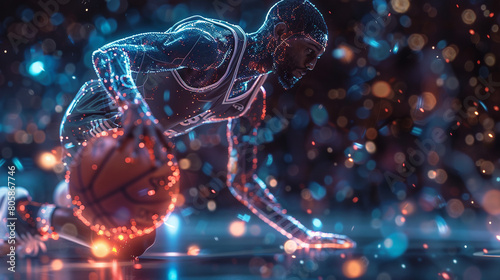 A futuristic illustration of a basketball player, with holographic projections