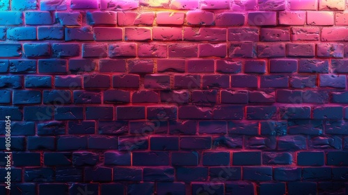 Brick wall illuminated with neon light. Neon lighting. Background.
