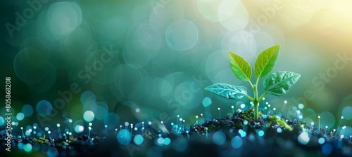 Plant growth with bokeh nature background. Nature ecology growth planting environment concept. Generative AI technology. 