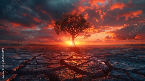 A 3D landscape of cracked earth stretching to the horizon under a dramatic sunset, featuring a lone tree symbolizing resilience amidst climate change