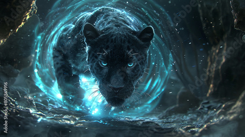 A black panther emerging from a mystical, glowing portal