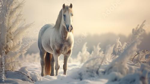 A noble horse in a snowy field, breath visible in the cold air, perfect for winter clothing ads