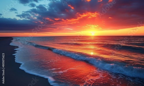 breathtaking sunset on a secluded beach, the sky ablaze with colors, calm waves lapping at the shore