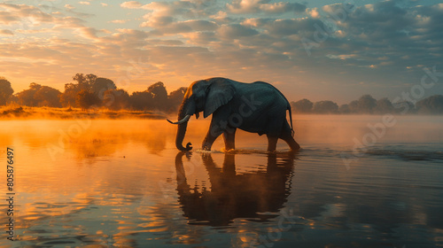 A majestic bull elephant wading through a misty, serene lake at dawn