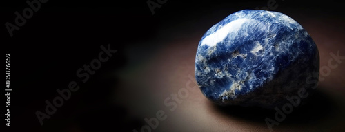 Sodalite is rare precious natural stone on black background. AI generated. Header banner mockup with space.