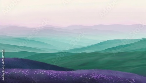 A soothing gradient blending lavender to emerald green, like rolling hills blanketed in heather