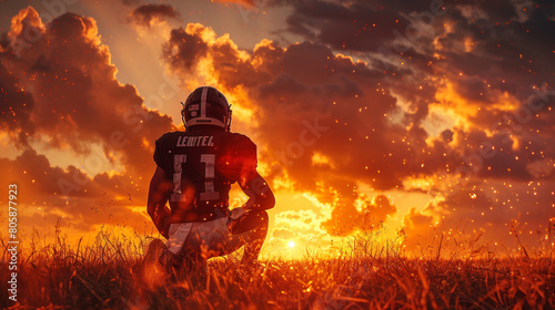 A lone American football player silhouetted against a fiery sunset, kneeling on the field after a winning touchdown.