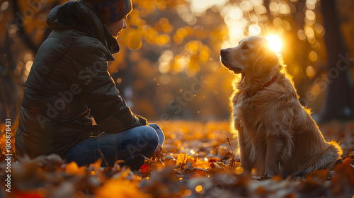 Golden retriever with his owner in park, autumn