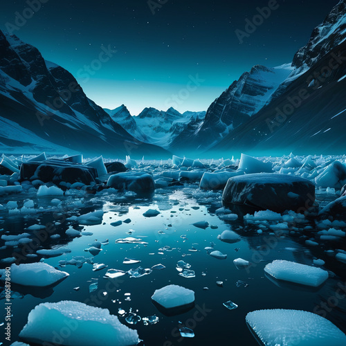 Frozen water and mountain landscape on background