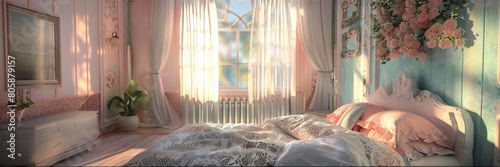 A vintagestyle bedroom with pastel walls, soft lighting, and a gentle breeze through lace curtains