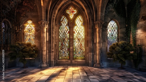 Gothic entrance with pointed arches and stained glass