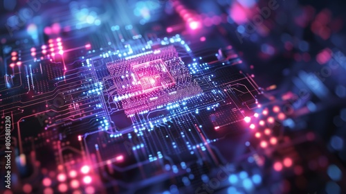 Illustration of a advanced quantum computing processor with illuminated components