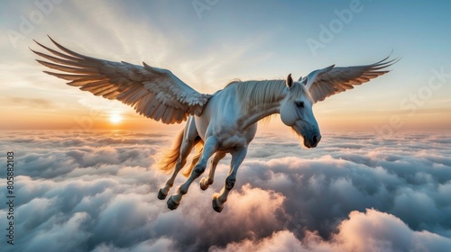 A majestic white pegasus soars through the clouds. AI.