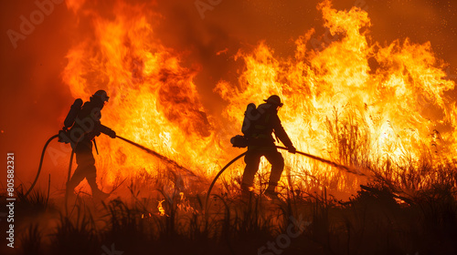 Deux silhouettes de pompiers combattant activement un incendie.