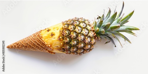 Pineapple on a waffle cone on white background.