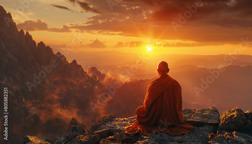 Recreation of buddhist monk meditating in a mount at sunset