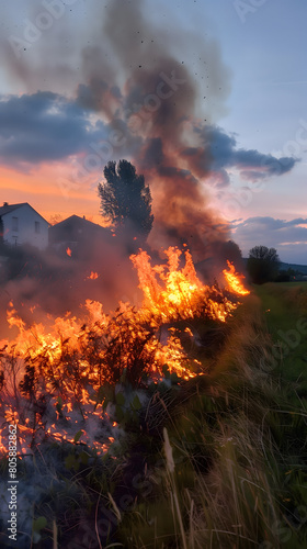 Un incendie violent dans une forêt consumant des broussailles d'herbes.