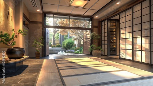 Modern Japanese entrance with a tatami mat foyer and shoji screens